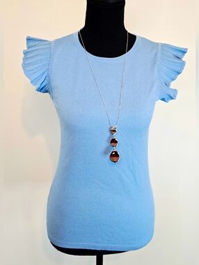 Ann Taylor Factory Blue Ruffle Sleeve Knit Top XS Lightweight